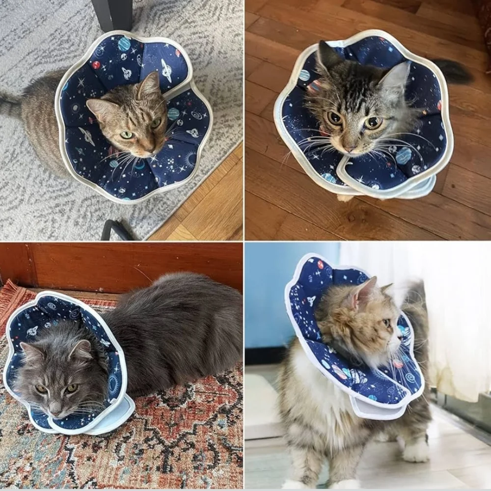 Calming Space-Print Soft Recovery Collar for Cats - Navy